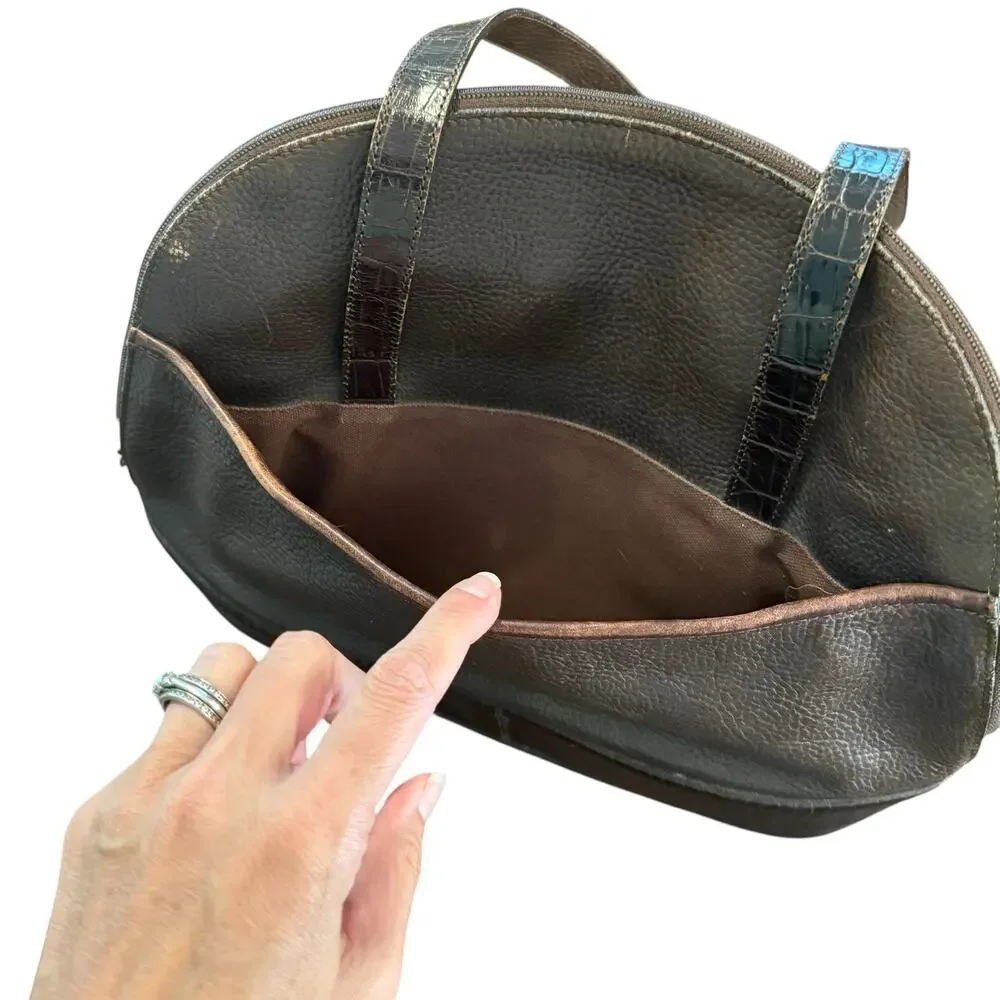 Brighton Women’s brown pebbles leather, croc detail, shoulder bag, silver tags